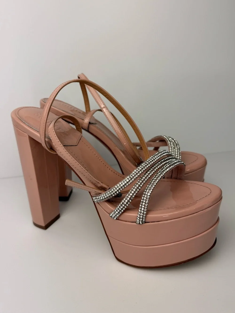 Schutz Piper Platform Heels 7.5B Sweet Rose Pink‎ Rhinestone Strappy Sandals